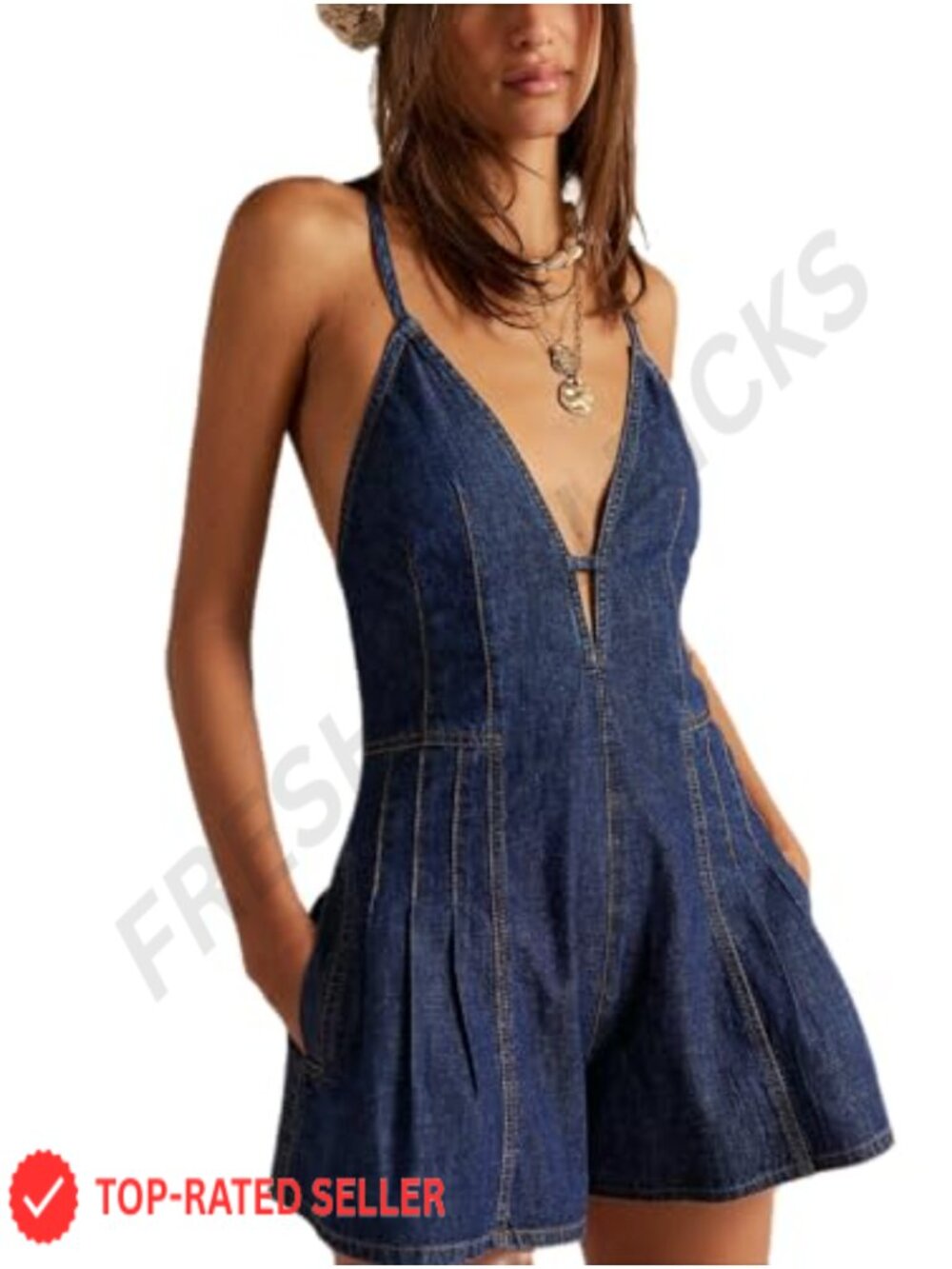 Spaghetti Strap Denim Romper V Neck Backless Tie-Up Jean Short Jumpsuit
